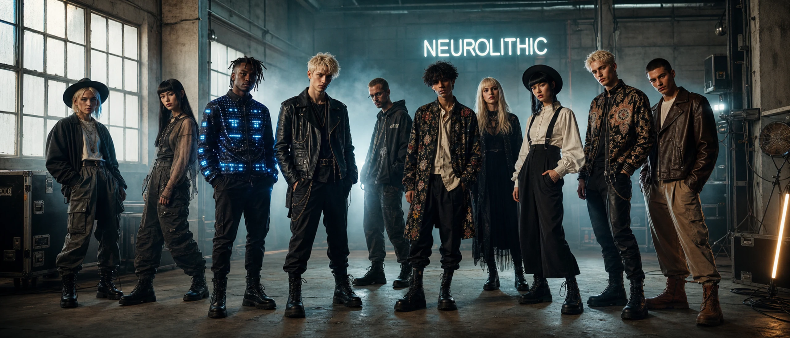 NeuroLithic artist persona in a warehouse band portrait