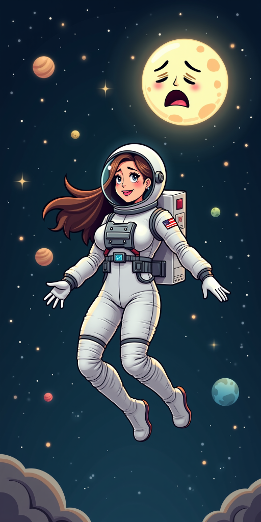 A whimsical cartoon of a female astronaut floating in space, smiling confidently as she drifts away from a sad-faced moon. The astronaut is surrounded by stars and planets in a colorful cosmic setting. The scene captures a playful moment in space, highlighting the astronaut's carefree attitude as she leaves the melancholic moon behind. The overall atmosphere is lighthearted, blending humor with a touch of cosmic drama.