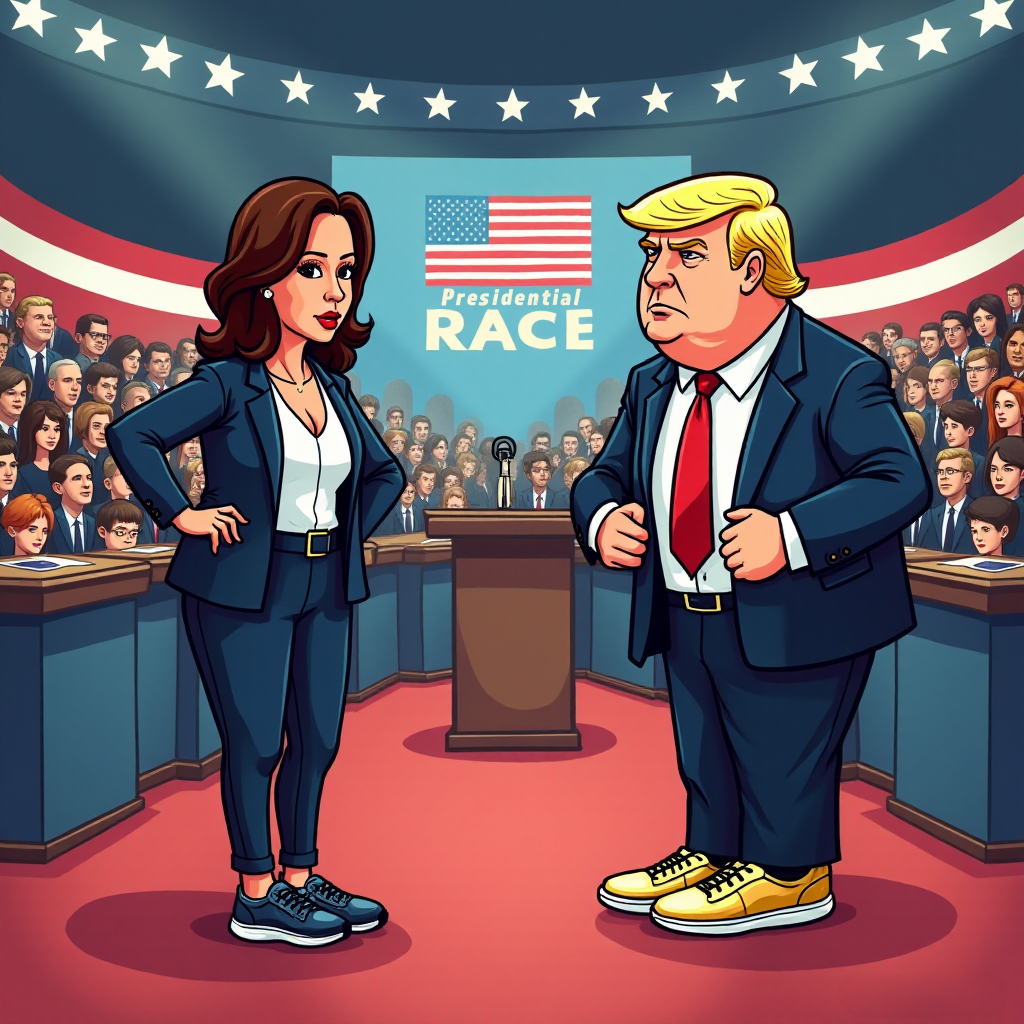 A cartoon-style depiction of a presidential debate stage featuring Kamala Harris and Donald Trump facing off. Both are dressed in business suits, with Kamala Harris wearing blue sneakers and Donald Trump in gold sneakers, adding a humorous twist to the serious setting. The background shows a crowd of spectators and a banner reading "Presidential Race" with the American flag. The scene captures the intense and competitive atmosphere of a political debate with a playful touch.