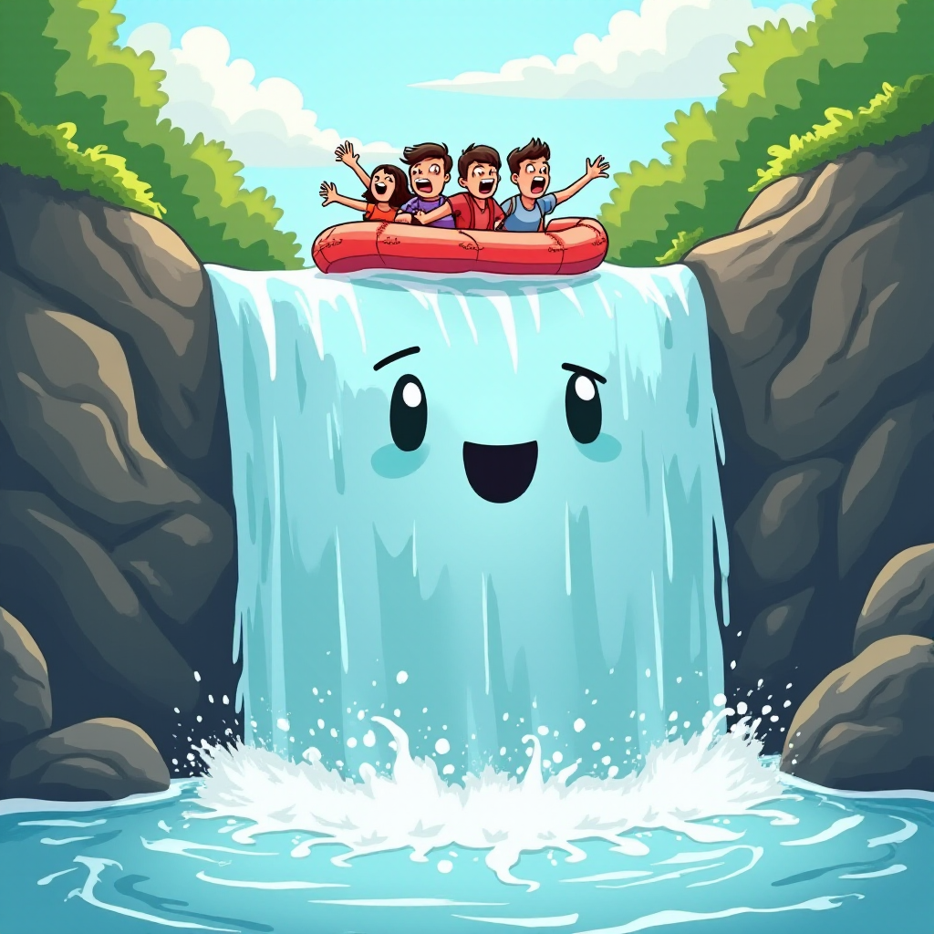 Whimsical cartoon of a serene waterfall with a calm expression and frantic rafters at the top edge about to go over, symbolizing the pun 'How do waterfalls stay so calm? They just go with the flow.'