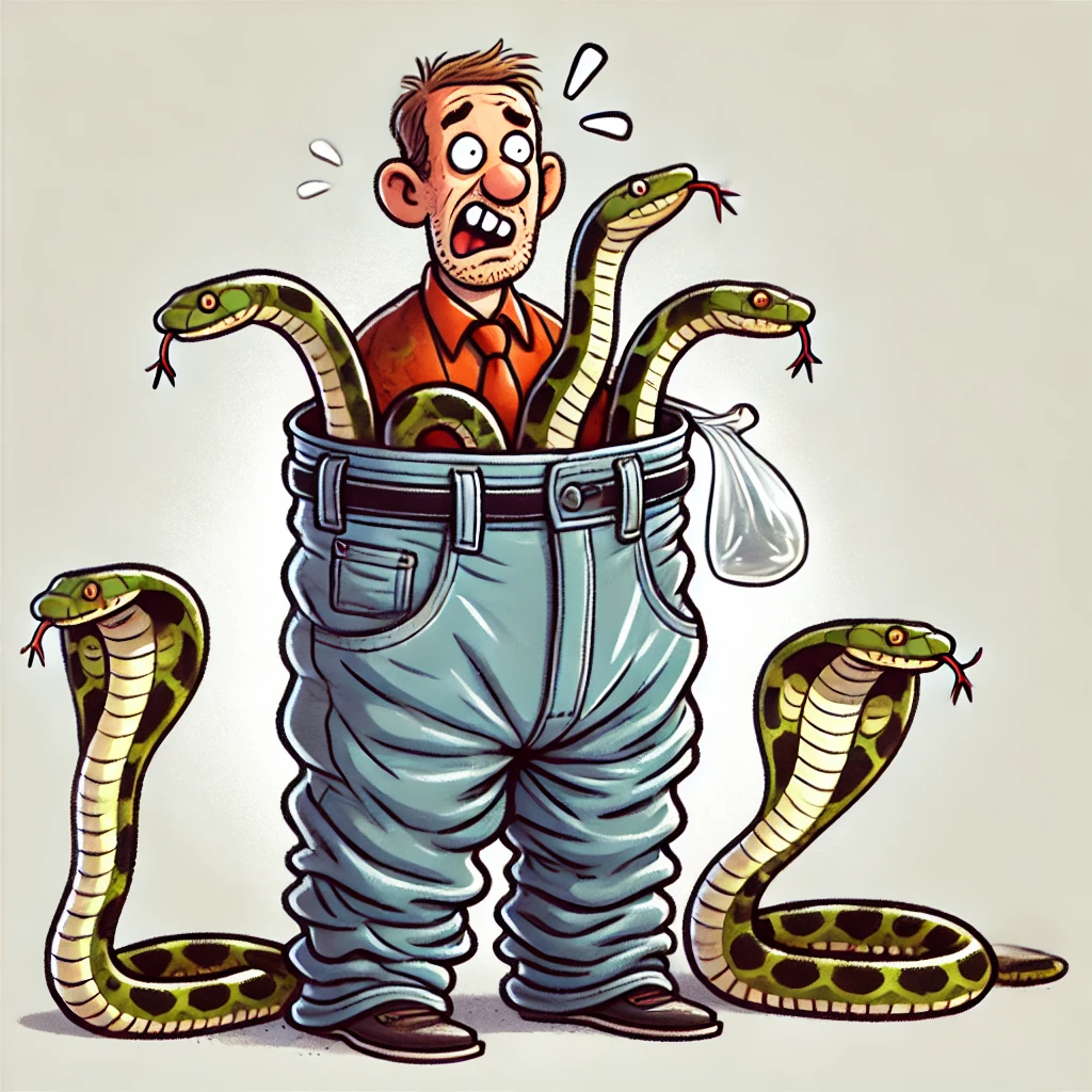 Humorous cartoon of a man wearing baggy pants with snakes slithering out, one with a plastic bag over its head, symbolizing the pun 'Why did the smuggler wear baggy pants? He needed to make room for his snake-charmer act!'