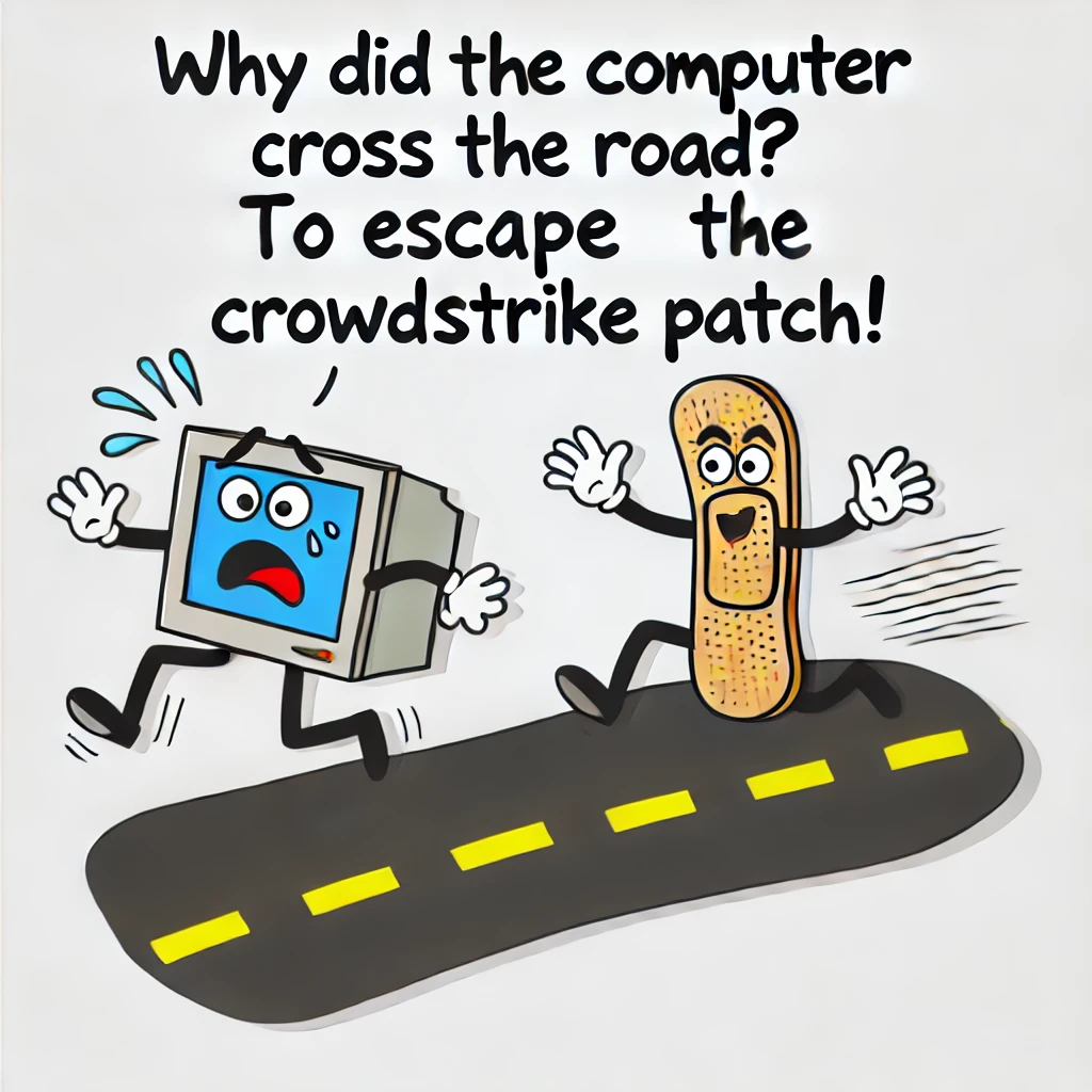 Humorous cartoon of a computer with arms and legs trying to cross a road, being chased by a mischievous patch character, symbolizing the pun 'Why did the computer cross the road? To escape the Crowdstrike patch!'