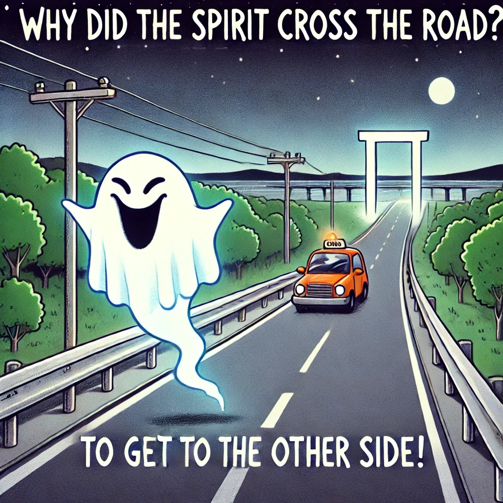 Humorous cartoon of a ghostly presence floating across a highway, with a glowing portal of light on the other side, symbolizing the pun 'Why did the spirit cross the road? To get to the other side!'