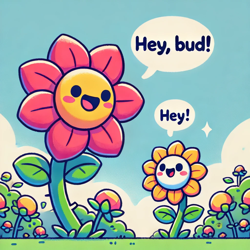 Cute cartoon of a big flower and a little flower in a garden, with the big flower saying 'Hey, bud!', symbolizing the pun 'What did the big flower say to the little flower? "Hey, bud!"'