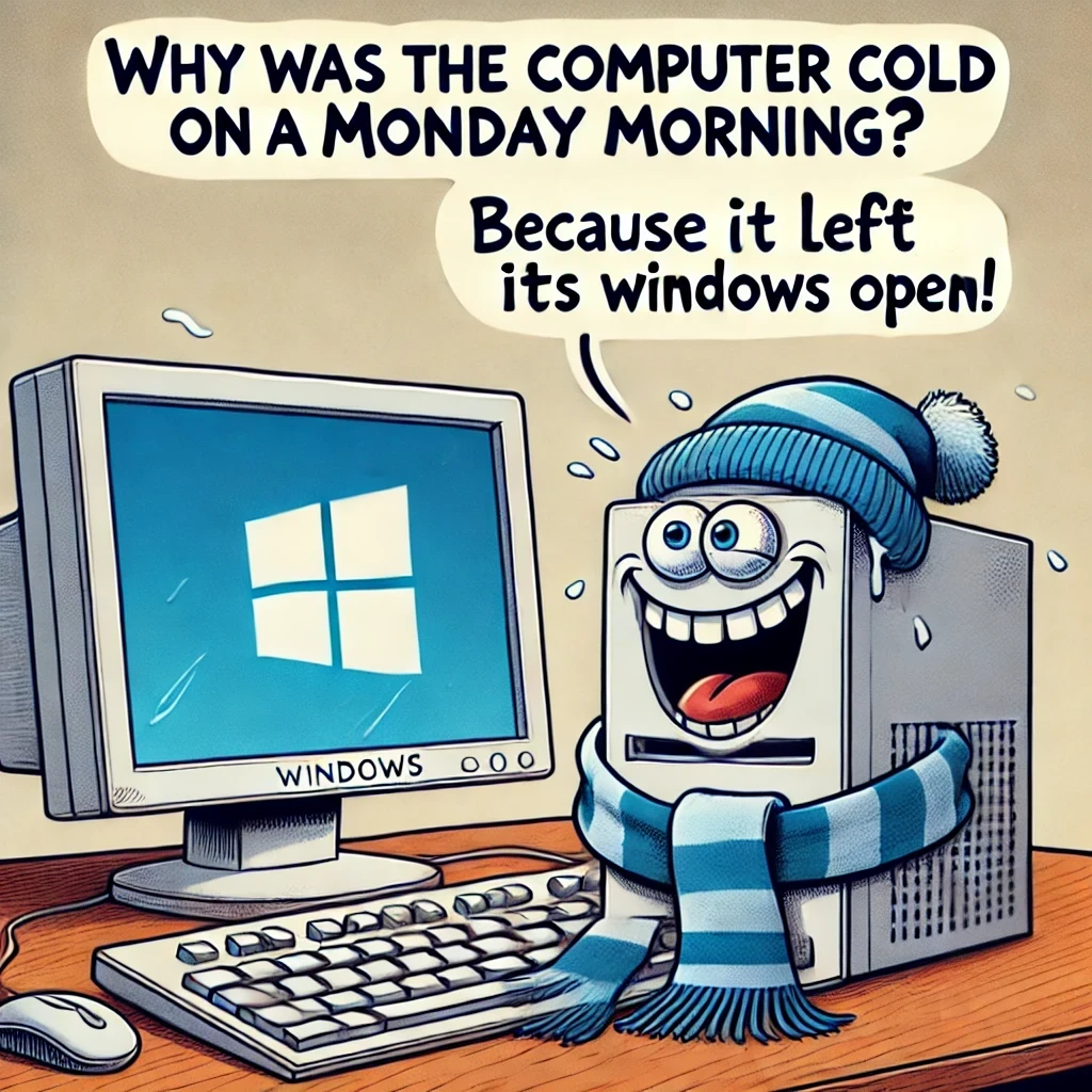 Humorous cartoon of a computer looking cold and shivering on a Monday morning, with the Windows logo on its screen, symbolizing the pun 'Why was the computer cold on Monday morning? Because it left its Windows open!'