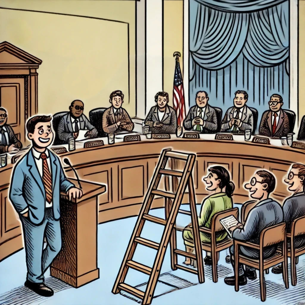 Humorous cartoon of a politician standing in a congressional hearing room, holding a ladder, symbolizing the pun 'Why did the politician bring a ladder to the congressional hearing? Because they wanted to reach new heights in their arguments!'