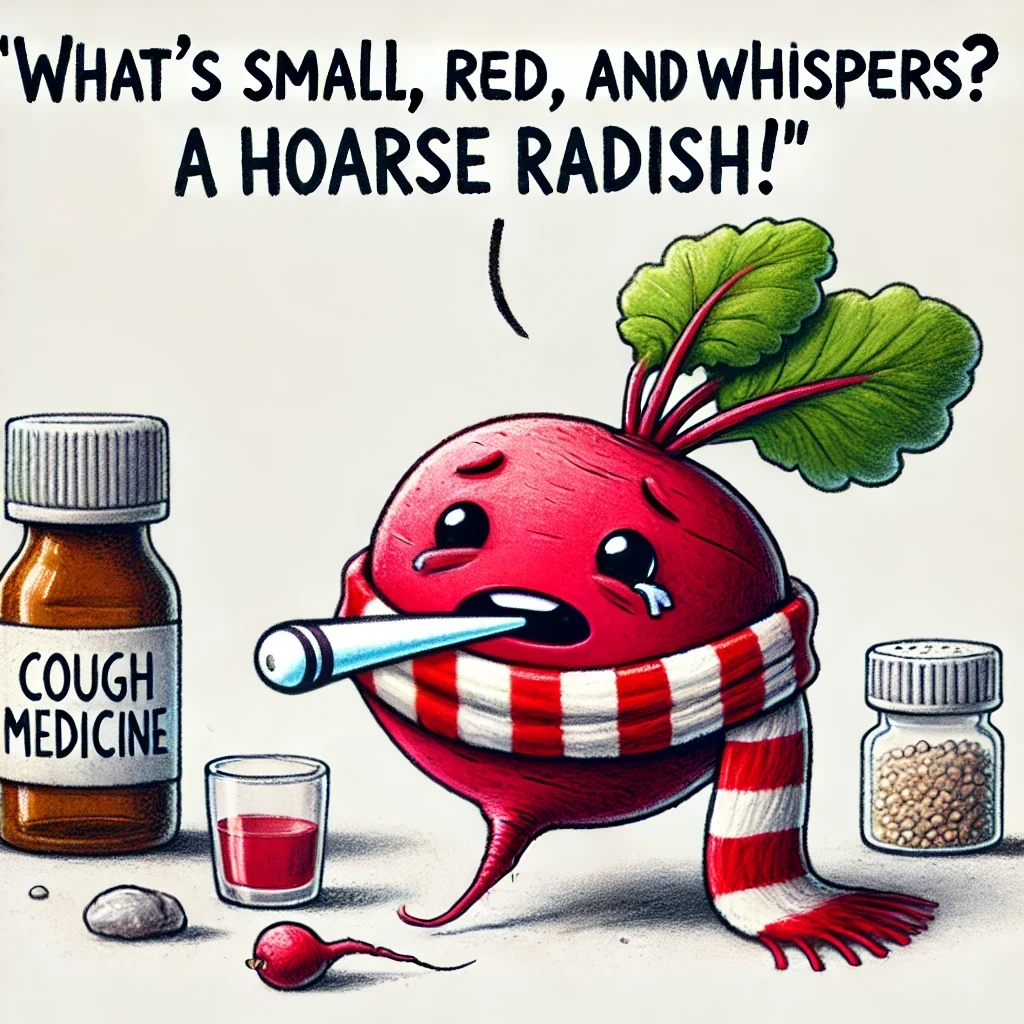 Humorous cartoon of a small red radish looking ill with a thermometer in its mouth, a scarf around its neck, and a bottle of cough medicine beside it, symbolizing the pun 'What’s small, red, and whispers? A hoarse radish!'