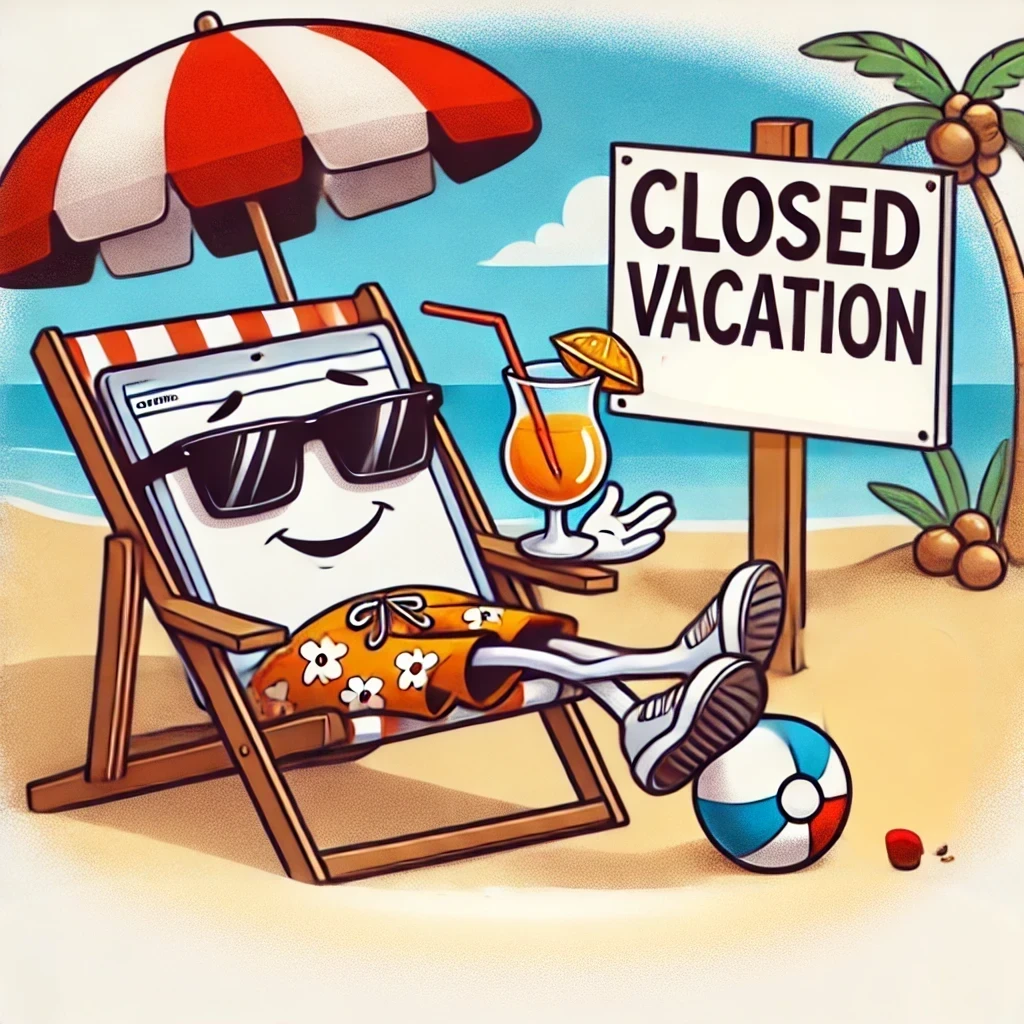 Humorous cartoon of a website lounging on a beach chair with sunglasses and a drink, with a cute starfish beside the chair, symbolizing the website taking a break.