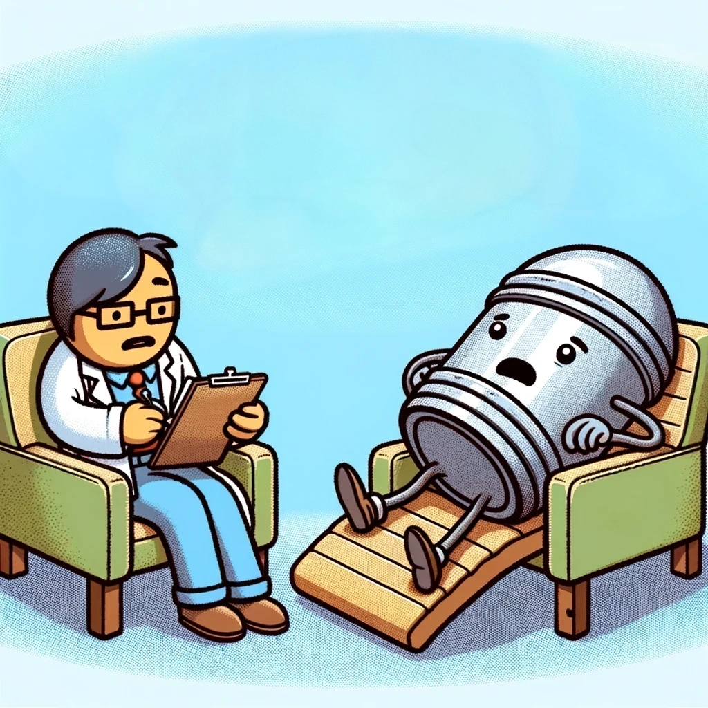 Humorous cartoon of a time capsule on a therapist's couch, symbolizing the pun 'Why did the time capsule go to therapy? It had some buried issues to uncover!'