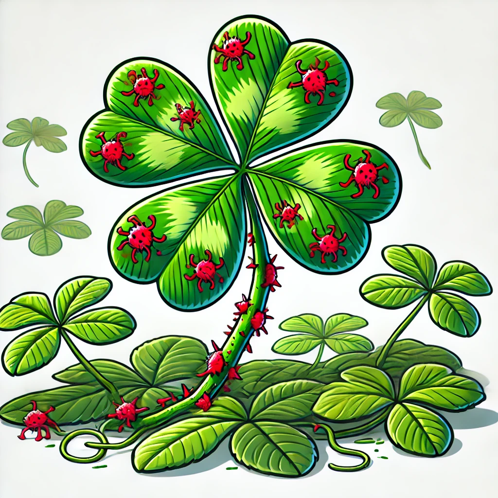 Humorous cartoon of a four-leaf clover crossed with poison ivy, symbolizing the pun 'What do you call it when you cross a four-leaf clover with poison ivy? A rash of good luck.'