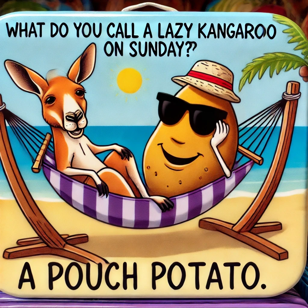 Humorous cartoon of a lazy kangaroo lounging in a hammock with a potato inside its pouch, symbolizing the pun 'What do you call a lazy kangaroo on Sunday? A pouch potato.'