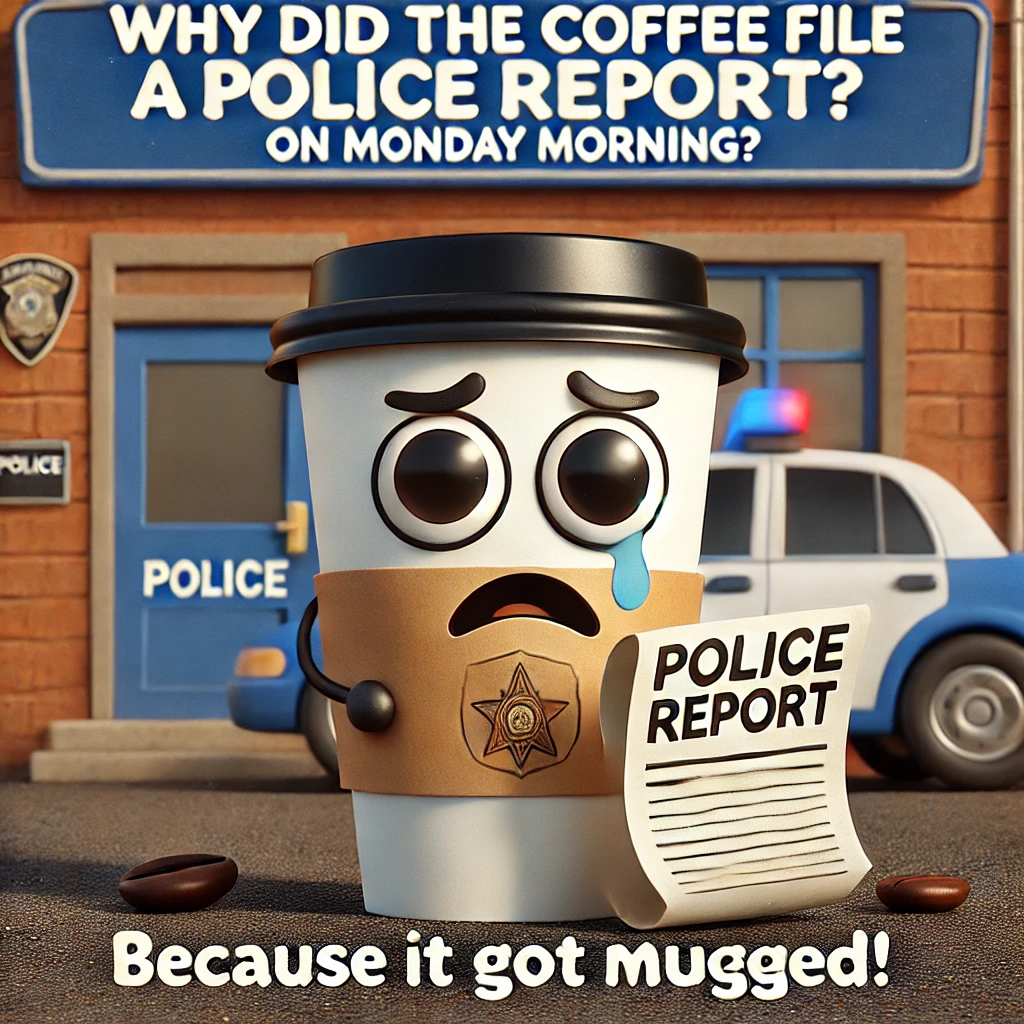 Humorous cartoon of a distressed coffee cup holding a police report in front of a police station, symbolizing the pun 'Why did the coffee file a police report on Monday morning? Because it got mugged!'