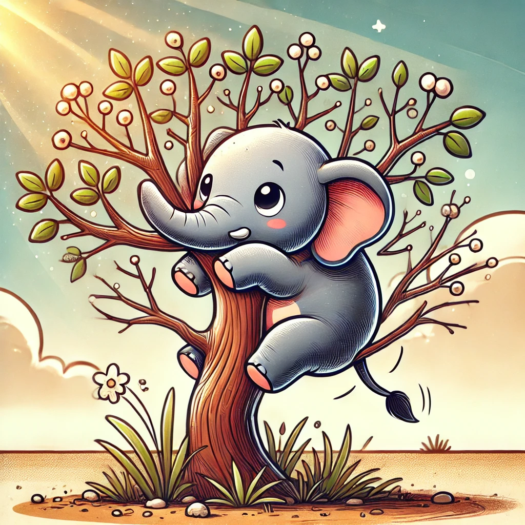 Humorous cartoon of a cute elephant climbing up in the branches of a small tree with sparse branches and some leaves, symbolizing the pun 'Why don’t you ever see elephants hiding in trees? Because they’re so good at it.'