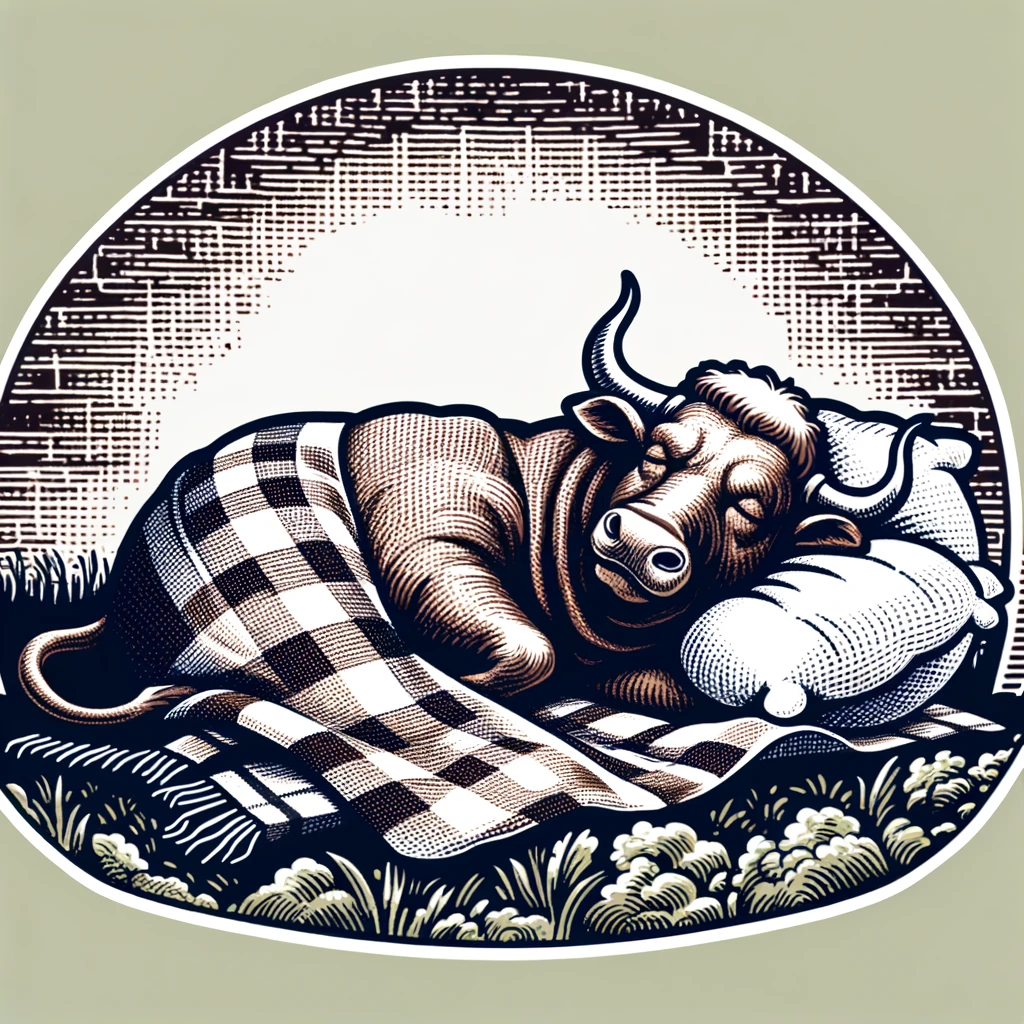 Humorous cartoon of a bull sleeping peacefully with a pillow and blanket, symbolizing the pun 'What do you call a sleeping bull? A bulldozer.'