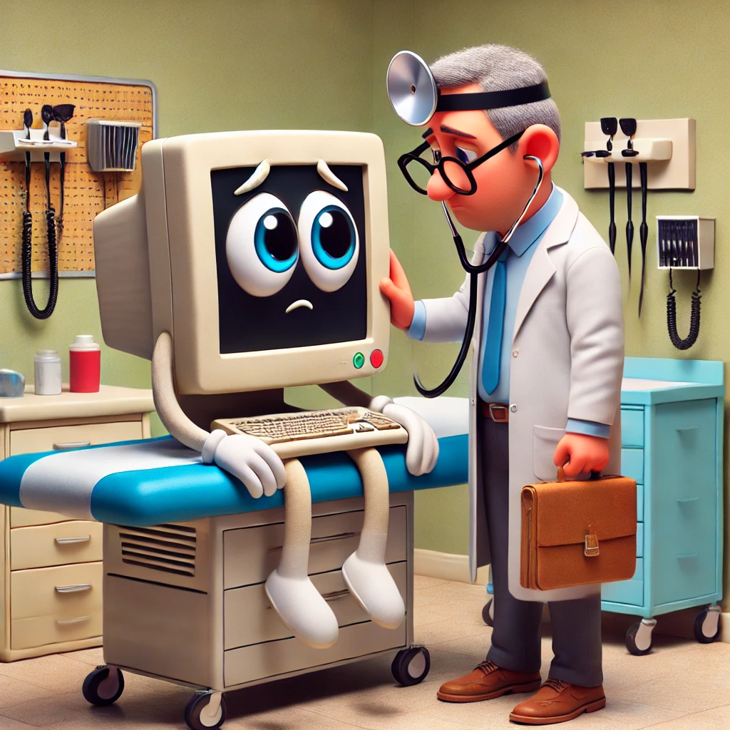 Humorous cartoon of a humanized computer sitting in an exam room with a doctor, symbolizing the pun 'Why did the computer go to the doctor? Because it had a virus.'