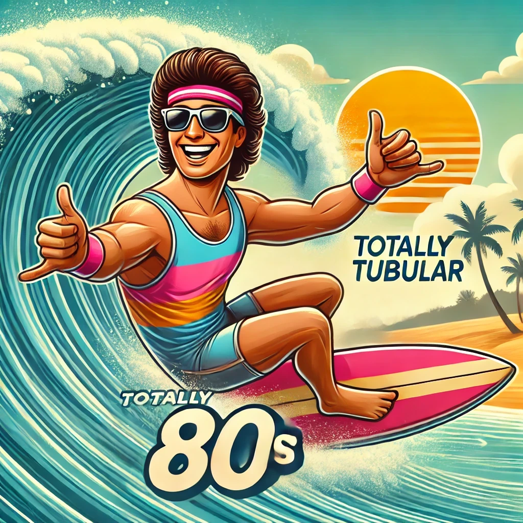 Humorous cartoon of an 80s surfer riding a wave with a big smile, symbolizing the pun 'Why was the 80s surfer having so much fun? Because it was totally tubular!'