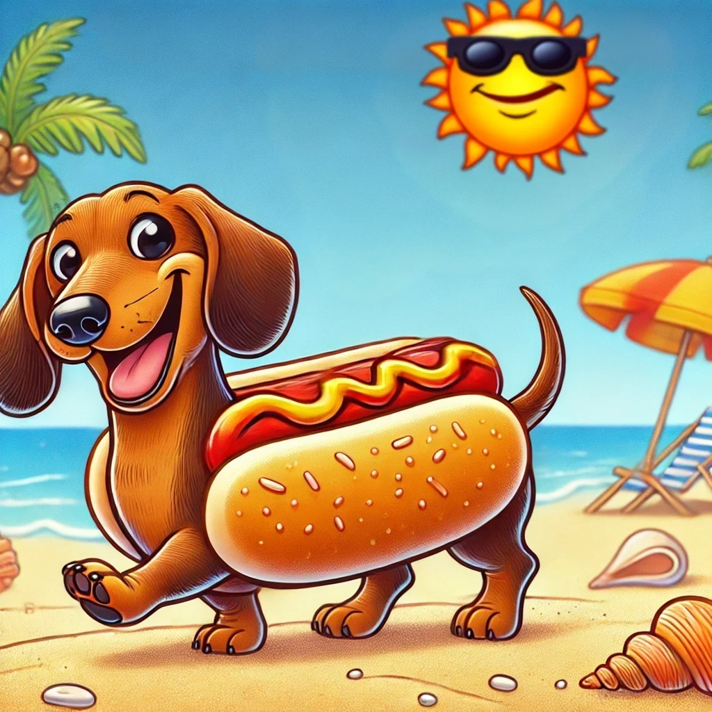 Humorous cartoon of a wiener dog wearing a hot dog bun, walking on the beach with a smiling sun in the background.