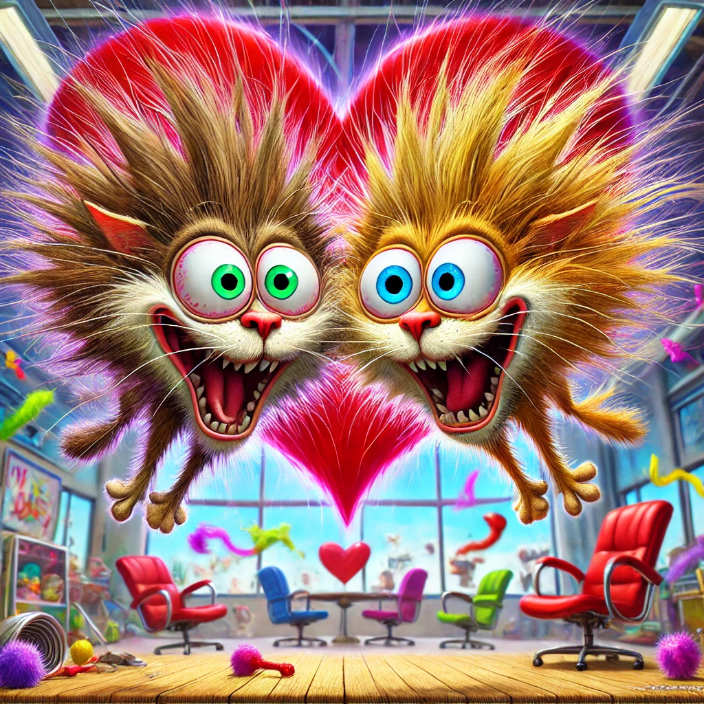 Whimsical cartoon of two playful cats in the air with poofed-up fur and a colorful valentine heart, symbolizing the pun 'How do cats end a fight? They hiss and make up.'