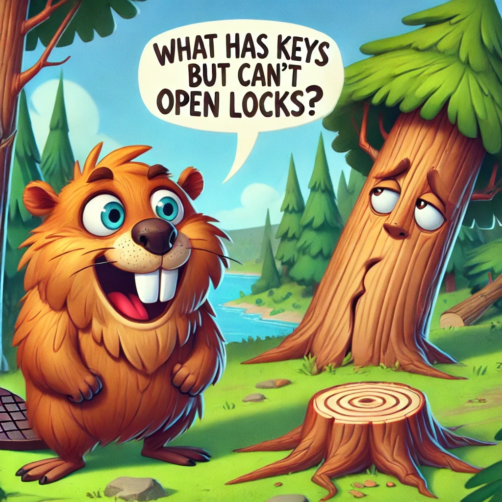 Humorous cartoon of a beaver asking a riddle to two anthropomorphic trees, with one tree looking confused and another fallen, symbolizing the pun 'Why don’t trees like riddles? They always get stumped.'