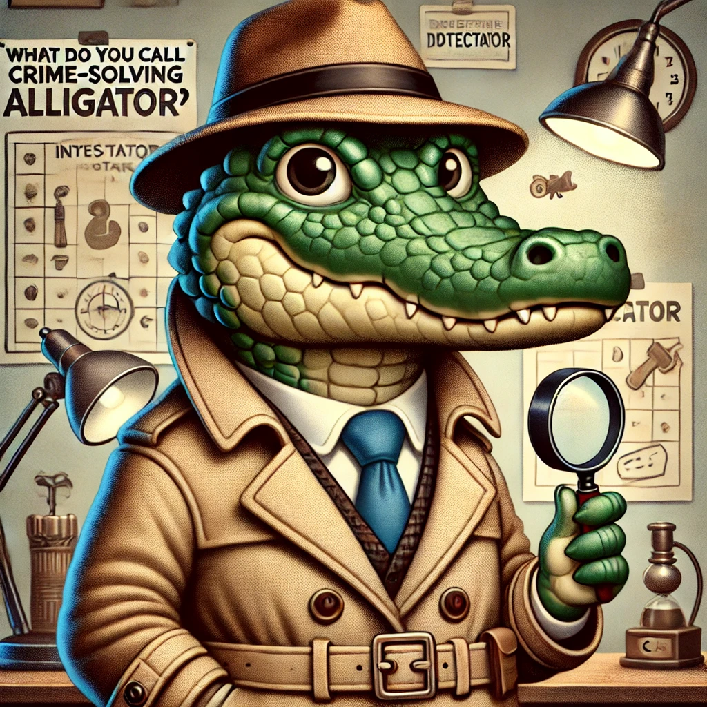 Whimsical cartoon of an alligator dressed as a detective, symbolizing the pun 'What do you call a crime-solving alligator? An Investigator.'