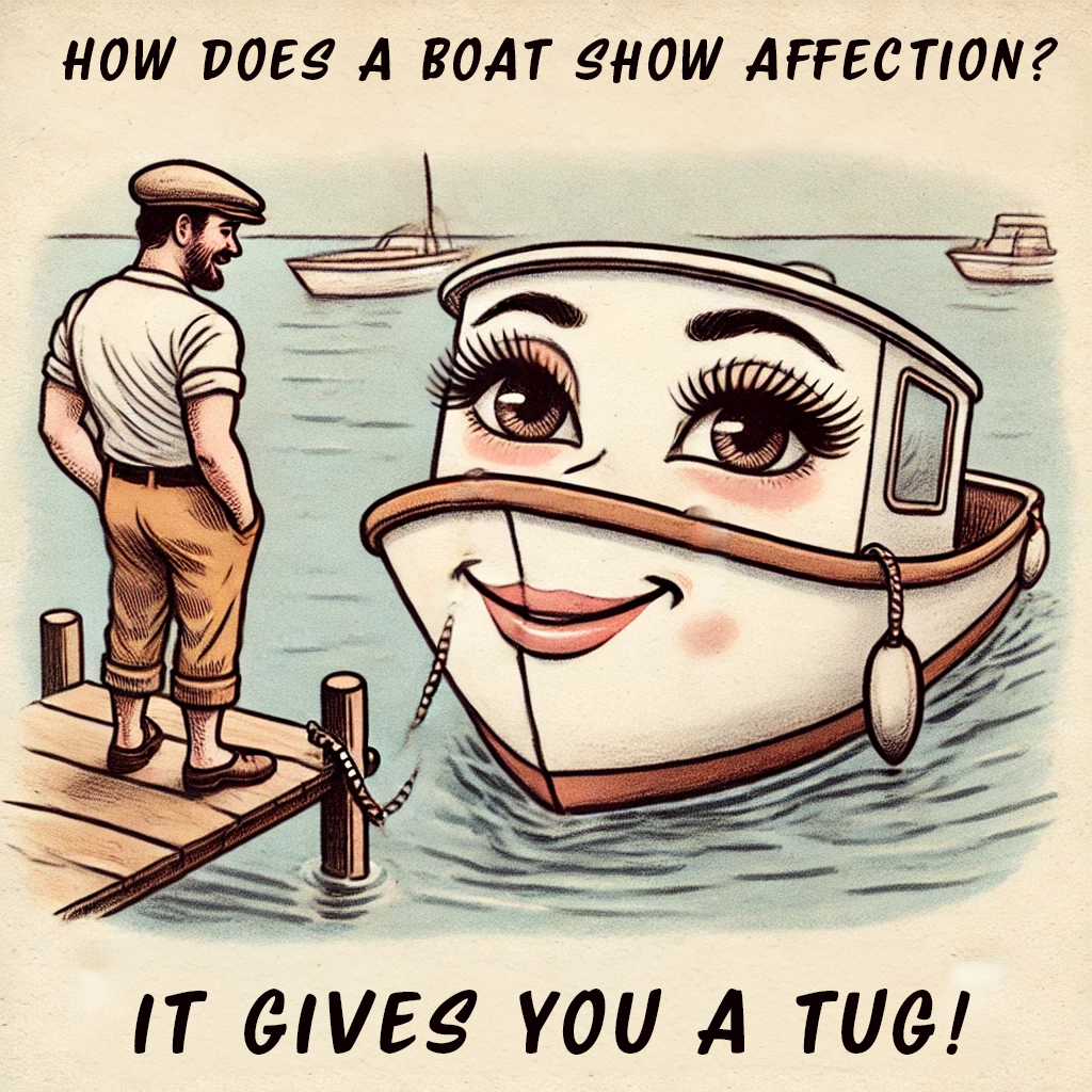 Whimsical cartoon of a boat with feminine features and a man standing on the dock, symbolizing the pun 'How does a boat show affection?'