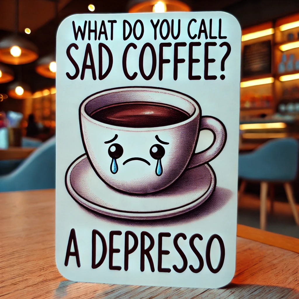 Whimsical cartoon of a sad coffee cup sitting on a table, symbolizing the pun 'What do you call sad coffee? A depresso.'