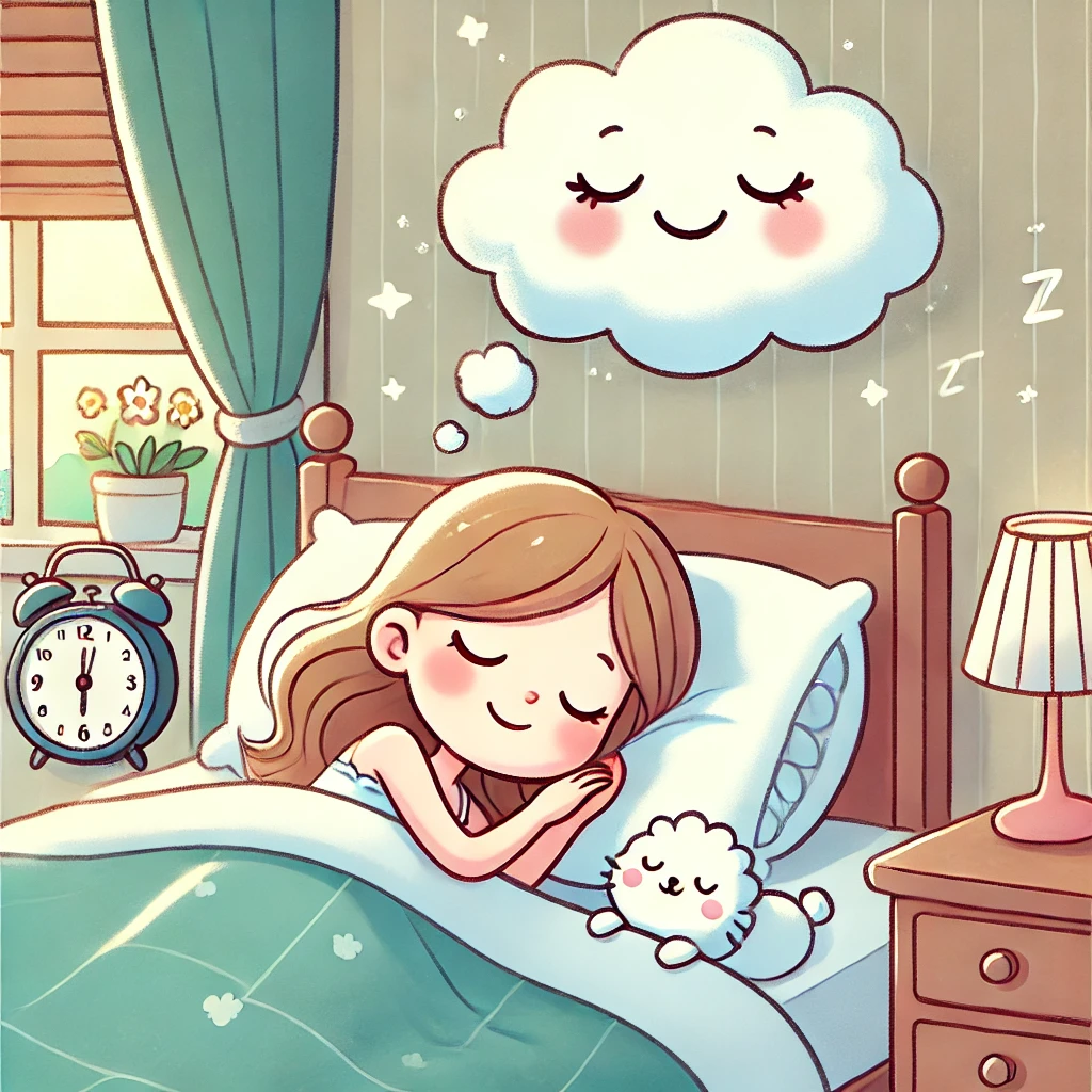 Whimsical cartoon of a wife peacefully sleeping in bed, with dream bubbles above her head, symbolizing the pun 'What’s a wife’s idea of a productive morning? Catching up on dreams.'