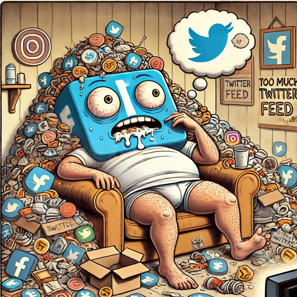 A humorous cartoon of a man with a blue social media icon for a head, looking overwhelmed and exhausted, slumped in a chair amidst a mountain of social media icons, including Twitter, Facebook, Instagram, and more. The room is cluttered with scattered feed icons, and the man is drooling, symbolizing the effects of consuming too much social media, especially Twitter. A thought bubble with the Twitter logo adds to the theme of internet overload.