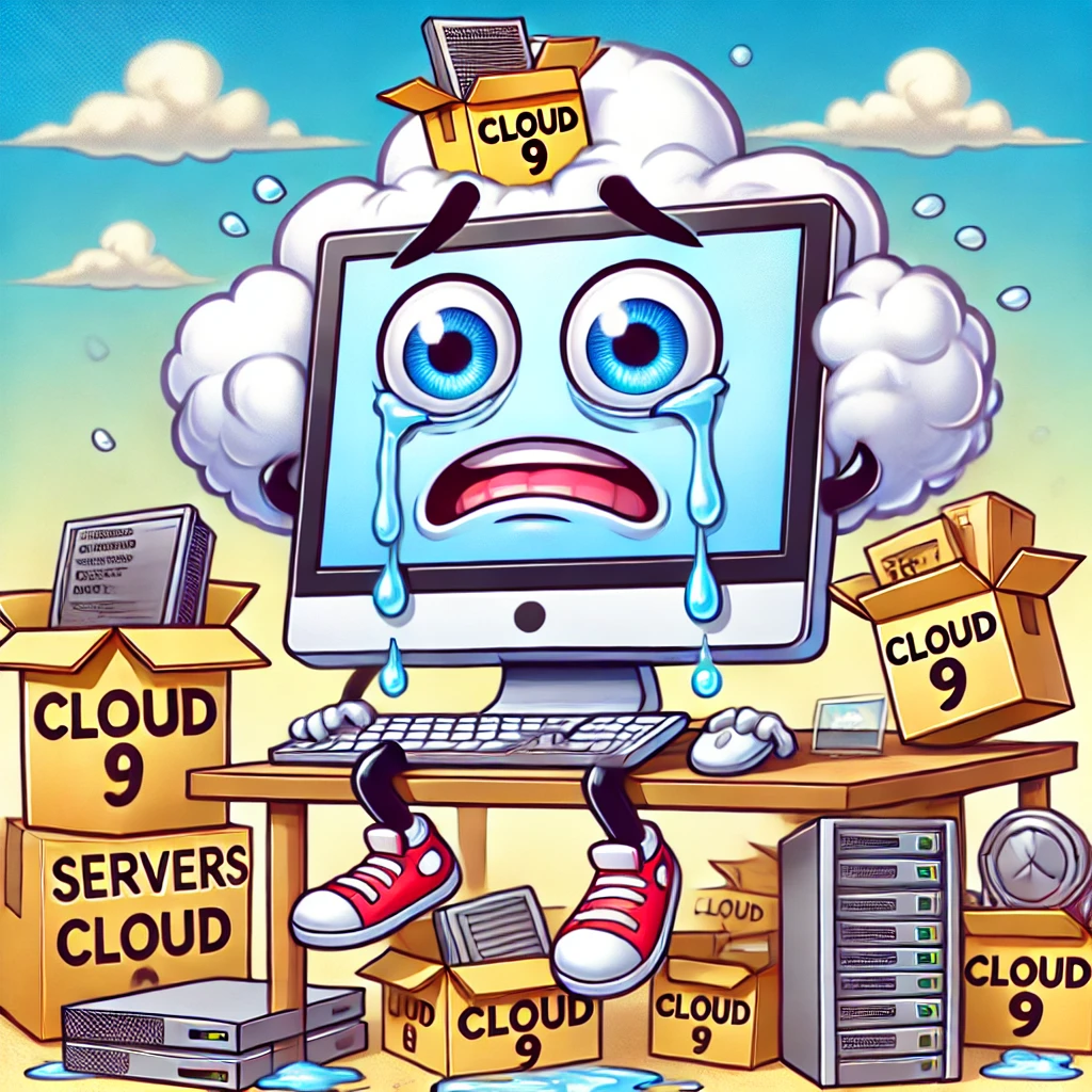 A cartoon illustration of a website box with legs, looking confused amidst a cloud labeled 'Cloud Nine', with a sign saying 'Unpacking in Progress'.