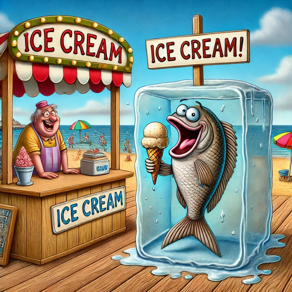 Whimsical cartoon of a fish encased in an ice cube, holding an ice cream cone, on a sunny boardwalk, symbolizing the pun 'What do you call a fish that eats ice cream? A fish-sicle!'