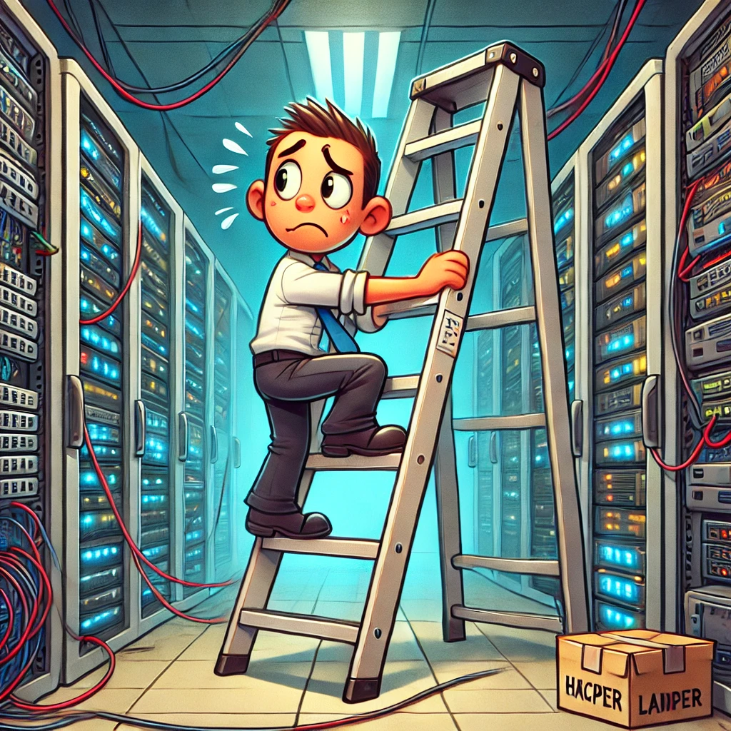 Humorous cartoon of an IT professional awkwardly carrying an oversized ladder in a server room, symbolizing the pun 'Why did the security officer bring a ladder to work? To reach the high-level threats.'