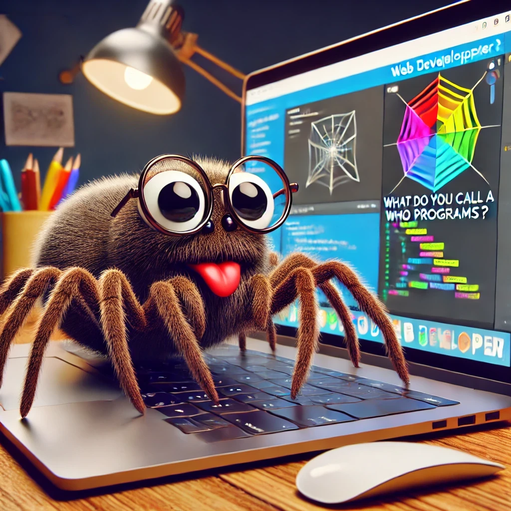 Humorous cartoon of a spider sitting on a laptop keyboard, typing with multiple legs, symbolizing the pun 'What do you call a spider who programs? A web developer.'