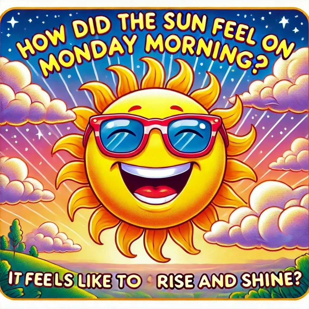 A cheerful cartoon sun wearing red sunglasses, beaming with a big smile against a colorful sunrise background. The sky is filled with soft clouds and radiant beams of light, creating a vibrant and joyful scene. The text above the sun reads, "How did the sun feel on Monday morning?" and below, "It feels like to rise and shine?" The image captures a bright and optimistic start to the week, blending humor and positivity.