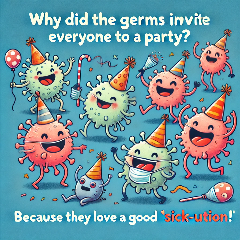 Humorous cartoon of anthropomorphized germs having a party with happy faces, party hats, and dancing, symbolizing the pun 'Why did the germs invite everyone to a party? Because they love a good “sick-uation”!'