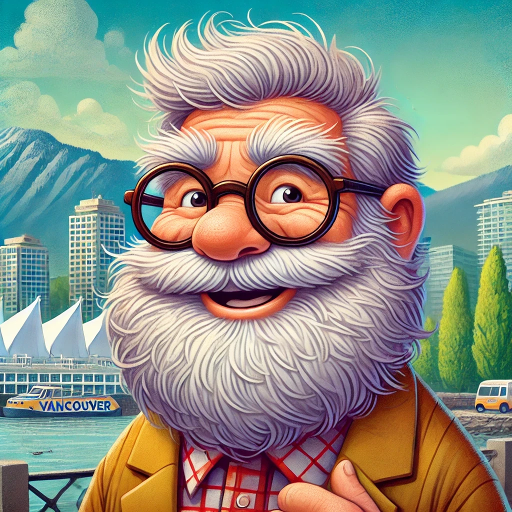 Humorous cartoon of an old, balding geologist with a big thick beard and small round spectacles, looking happy and at home in Vancouver, surrounded by iconic Vancouver scenery, symbolizing the pun 'Why did the geologist always feel at home in Vancouver? Because the city rocks!'