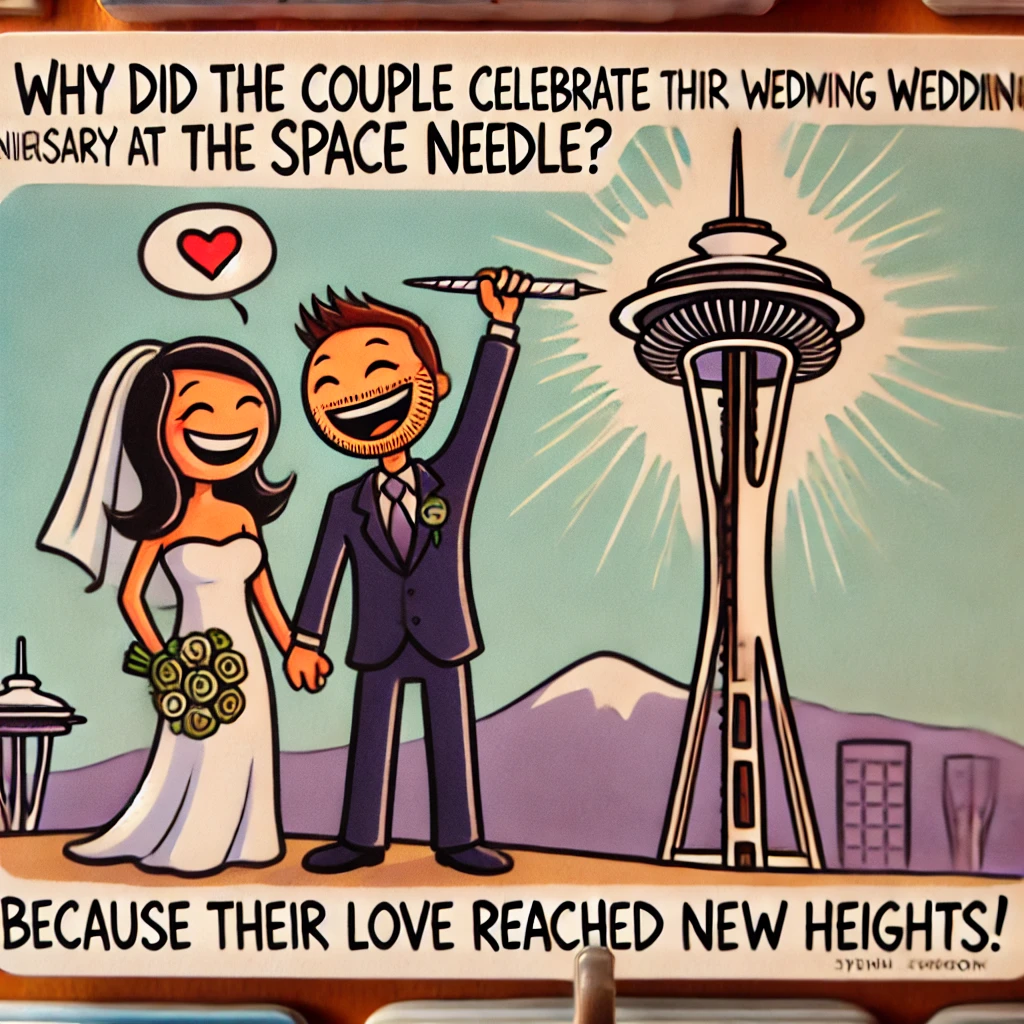 Celebrate love with a laugh! Check out our pun of the day: 'Why did the couple celebrate their wedding anniversary at the Space Needle? Because their love reached new heights!' Visit Tedd Ventures for more daily puns and fun content.