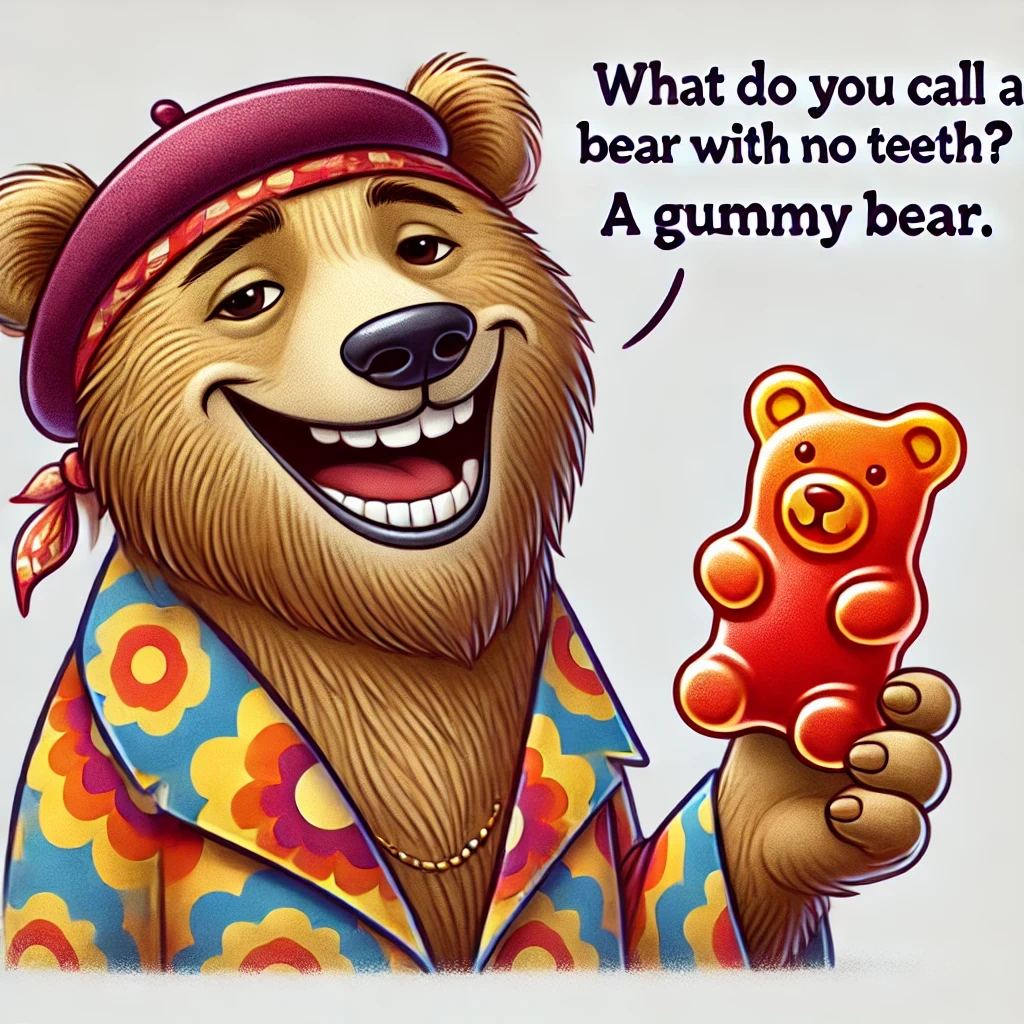 Humorous cartoon of a bear dressed like a 70s hippie, smiling and holding a gummy bear candy, symbolizing the pun 'What do you call a bear with no teeth? A gummy bear.'