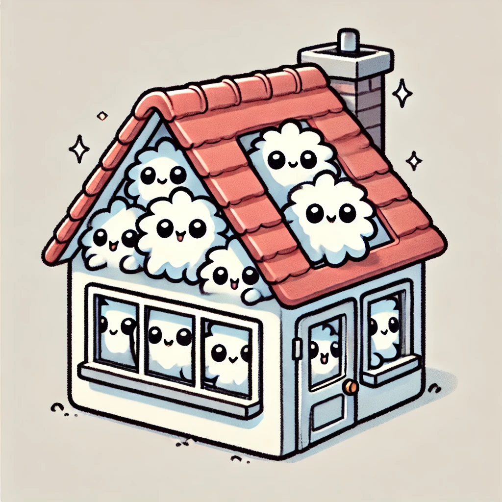 Cute cartoon of a small house with playful dust bunnies peeking out from behind the windows, symbolizing the pun 'Why do I procrastinate cleaning? Because the dust bunnies aren’t going anywhere.'