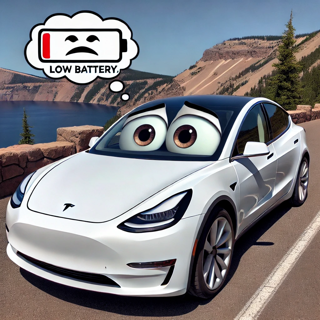 Cartoonish Tesla Model Y with expressive eyes, worried about its low battery while driving on the Rim Drive at Crater Lake.