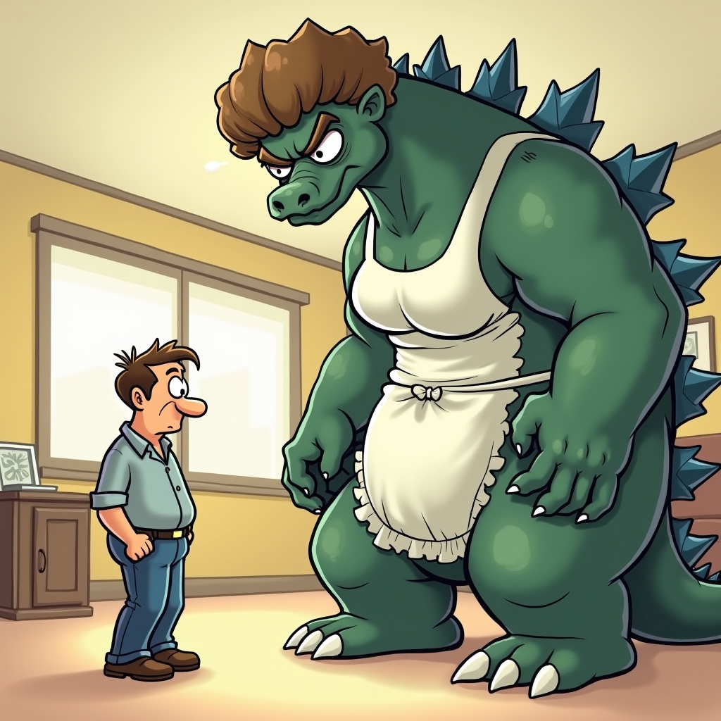 A humorous cartoon of a small, sheepish-looking man nervously facing a towering, Godzilla-like creature dressed in a housewife's apron and classic bouffant hairdo, depicting a wife’s intimidating glare.