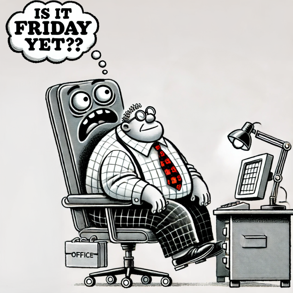 Cartoon image of an office chair with a strained expression, holding up an overly large man at his desk. A thought bubble from the chair reads, "Is it Friday yet?!"