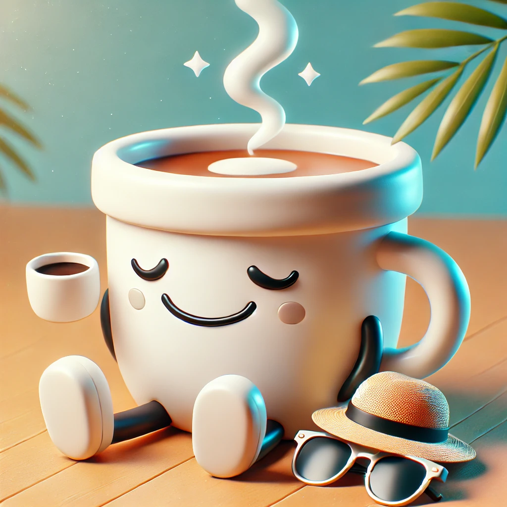 Cartoon image of a relaxed coffee cup with a peaceful expression, enjoying the last moments of Labor Day.