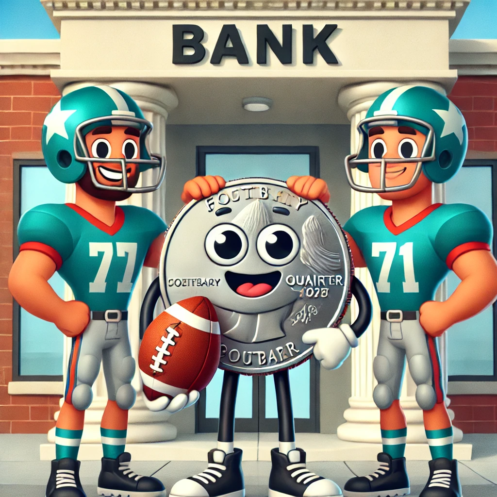 Two football players holding up a quarter with cartoon arms, legs, and a football helmet outside a bank, celebrating it as their star quarterback.