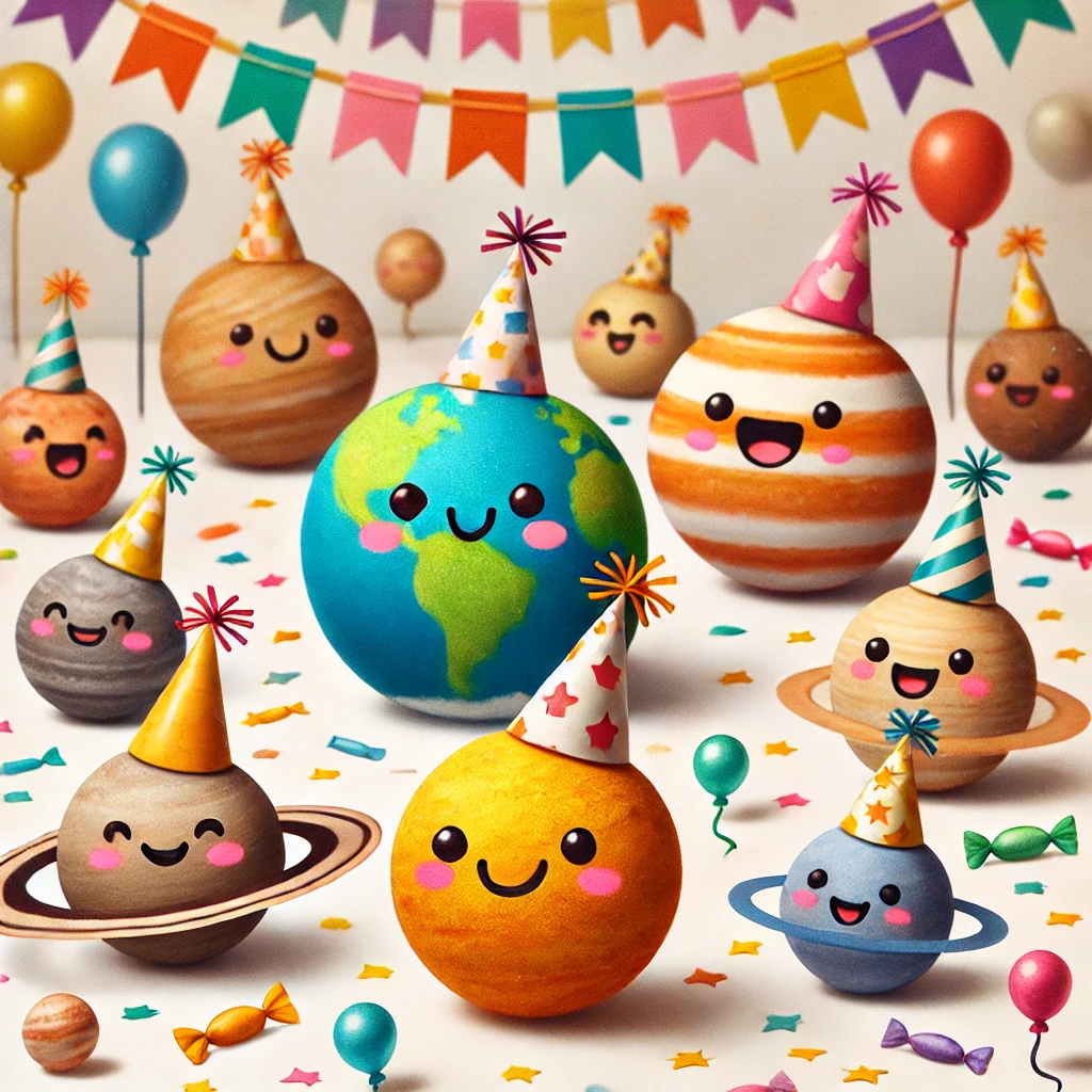 Cartoon image of planets floating at a party, wearing colorful party hats and smiling, surrounded by streamers and balloons.