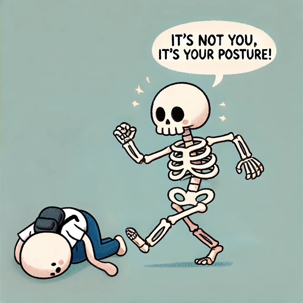 Cartoon image of a skeleton with a backpack walking away confidently, leaving behind a deflated human figure wearing clothing, lying flat on the ground.