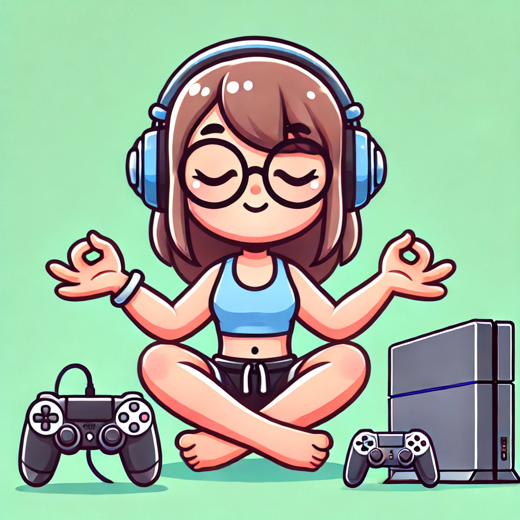 Cartoon image of a girl sitting in a meditative pose next to a game console, looking calm and focused.