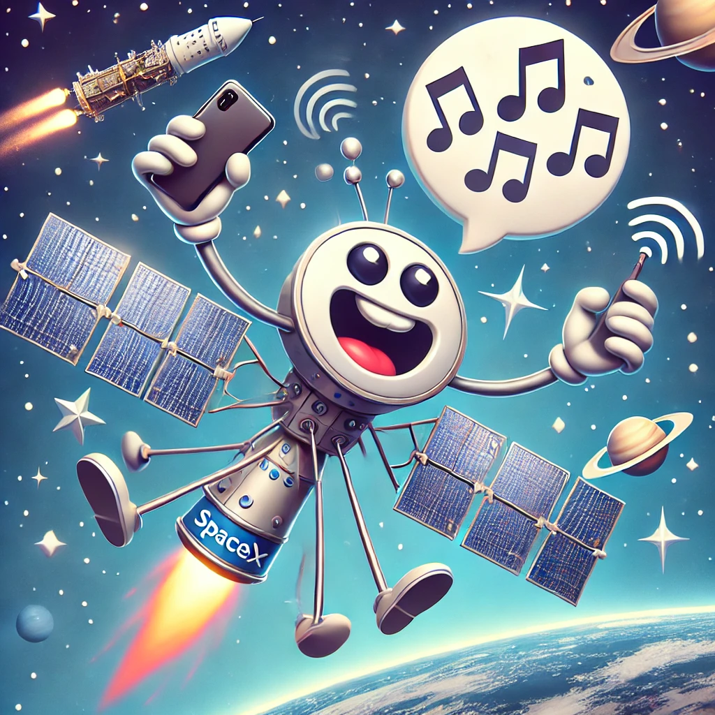 Cartoon of a satellite floating in space, holding multiple cell phones and chatting away, with a SpaceX rocket in the background.