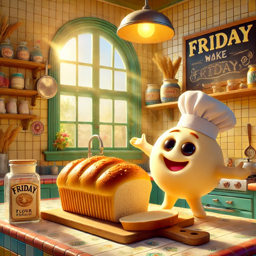 Cartoon image of a cheerful Friday character wearing a baker's hat, holding a loaf of bread with a smiling yeast packet nearby.