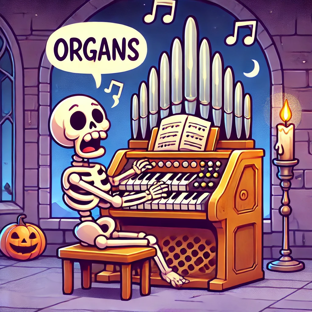 Cartoon of a skeleton looking sad while trying to play a broken organ with floating music notes around.
