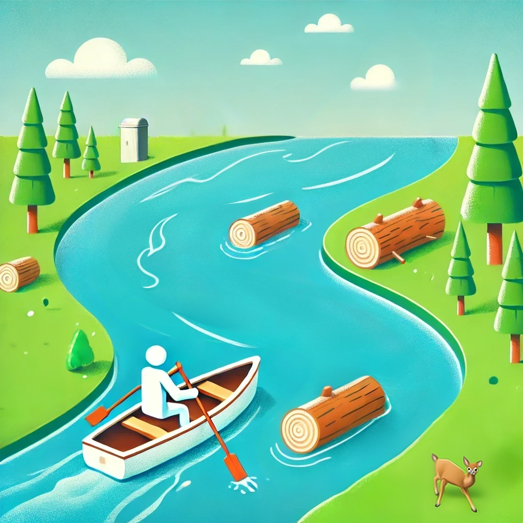 A cheerful cartoon river with a person calmly rowing a canoe, surrounded by cute forest creatures, symbolizing the humor in "going with the flow" during colonoscopy prep.